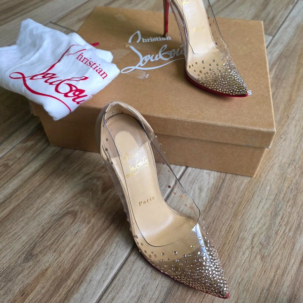 Christian Louboutin Degrastrass Nude & PVC Embellished Crystal Shoe Eur.37 - Picture 2 of 16